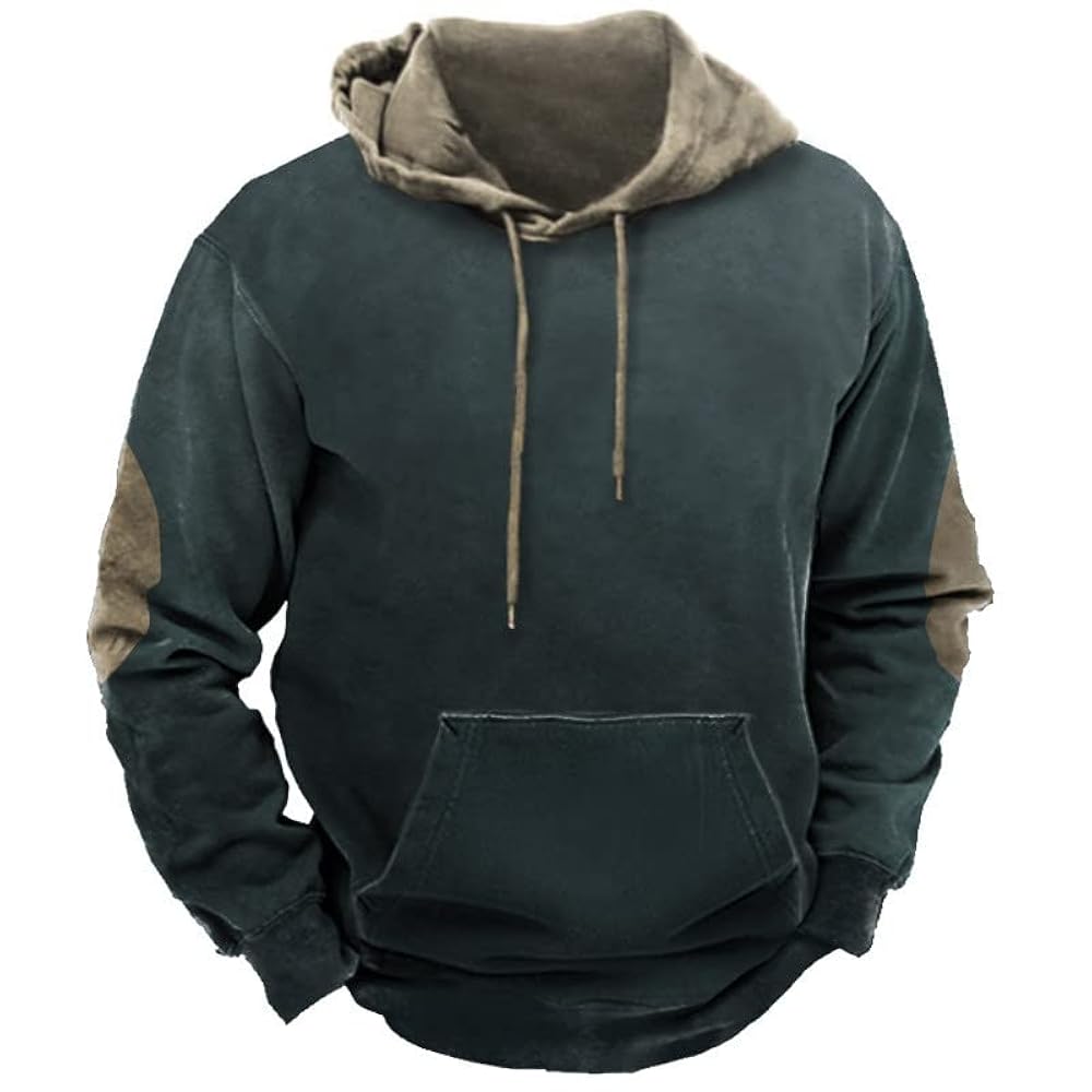 hlysgo Mens Hoodie Vintage Elbow Patch Long Sleeve Hooded